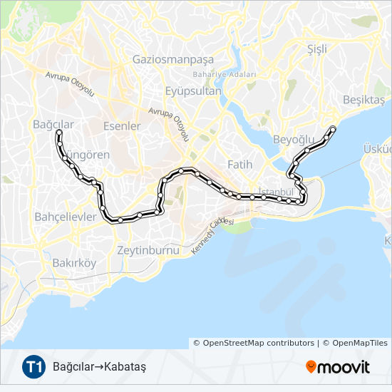 t1 route schedules stops maps kabatas bagcilar