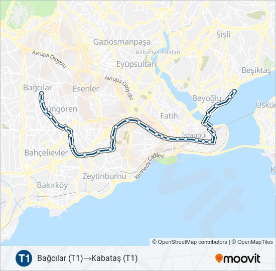 T1 tramvay Hattı Haritası