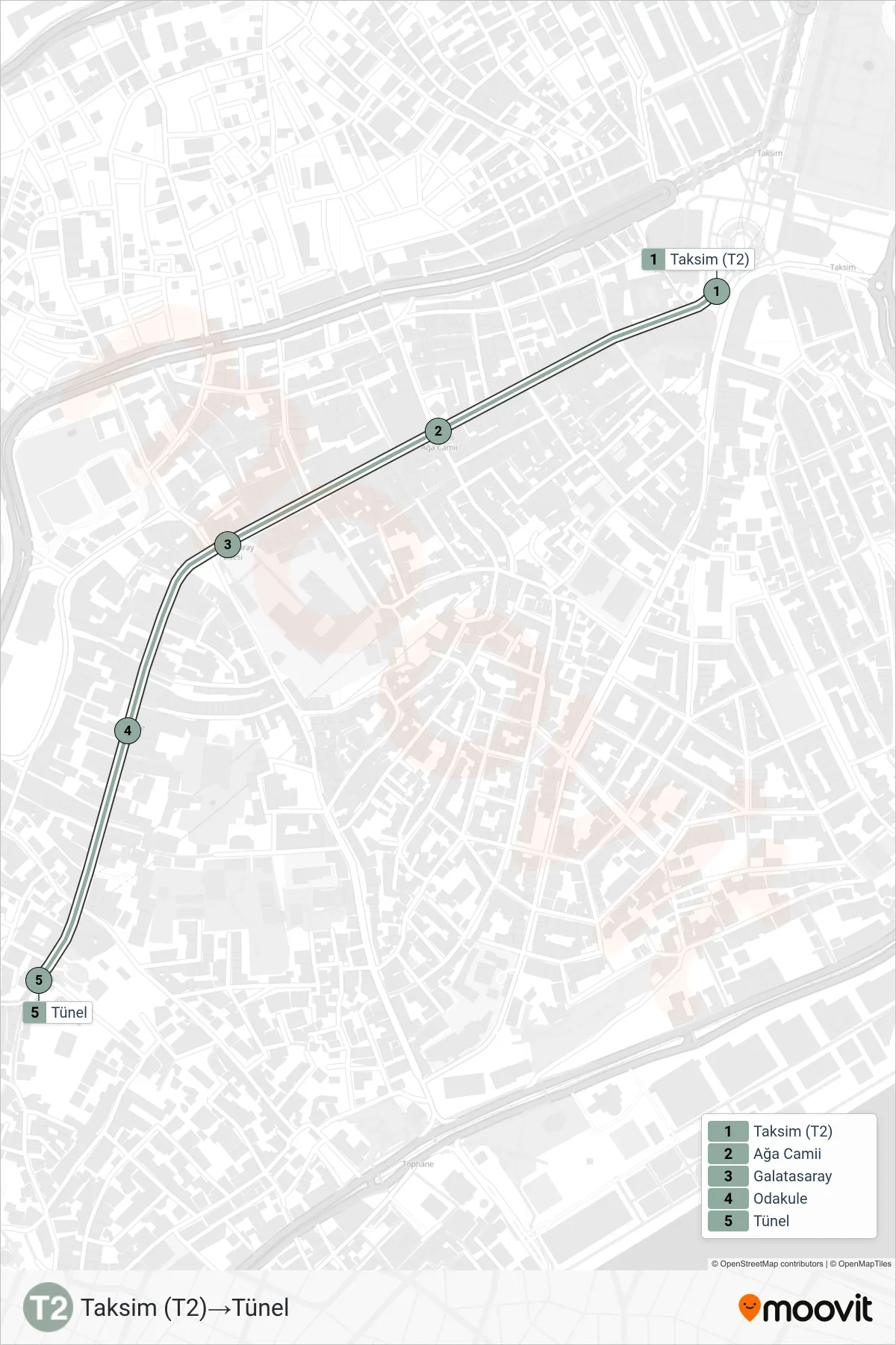 T2 tram Line (Taksim (T2)‎→Tünel) route and stops on a map