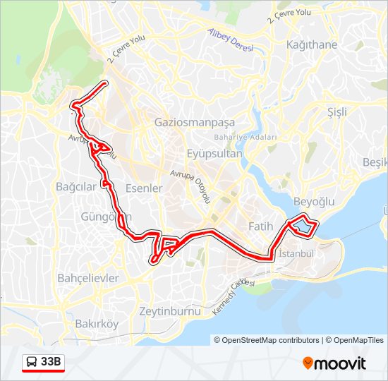 33B otobüs Hattı Haritası
