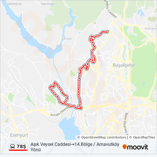 78s guzergahi saatleri duraklari ve haritasi asik veysel caddesi fenertepe peronlar yenibosna yonu