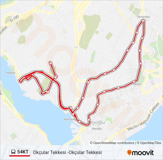 54KT otobüs Hattı Haritası