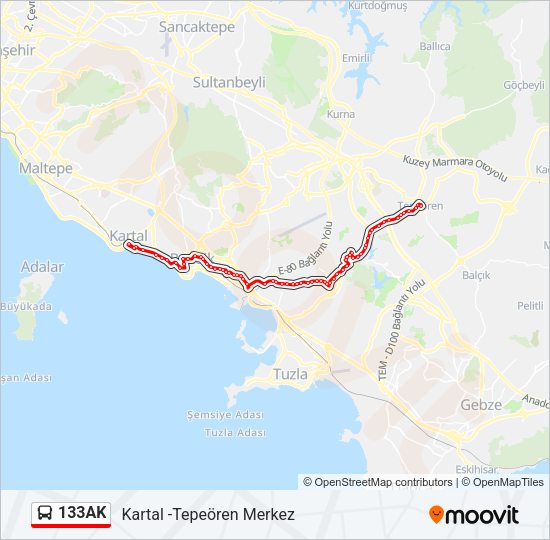 133AK otobüs Hattı Haritası