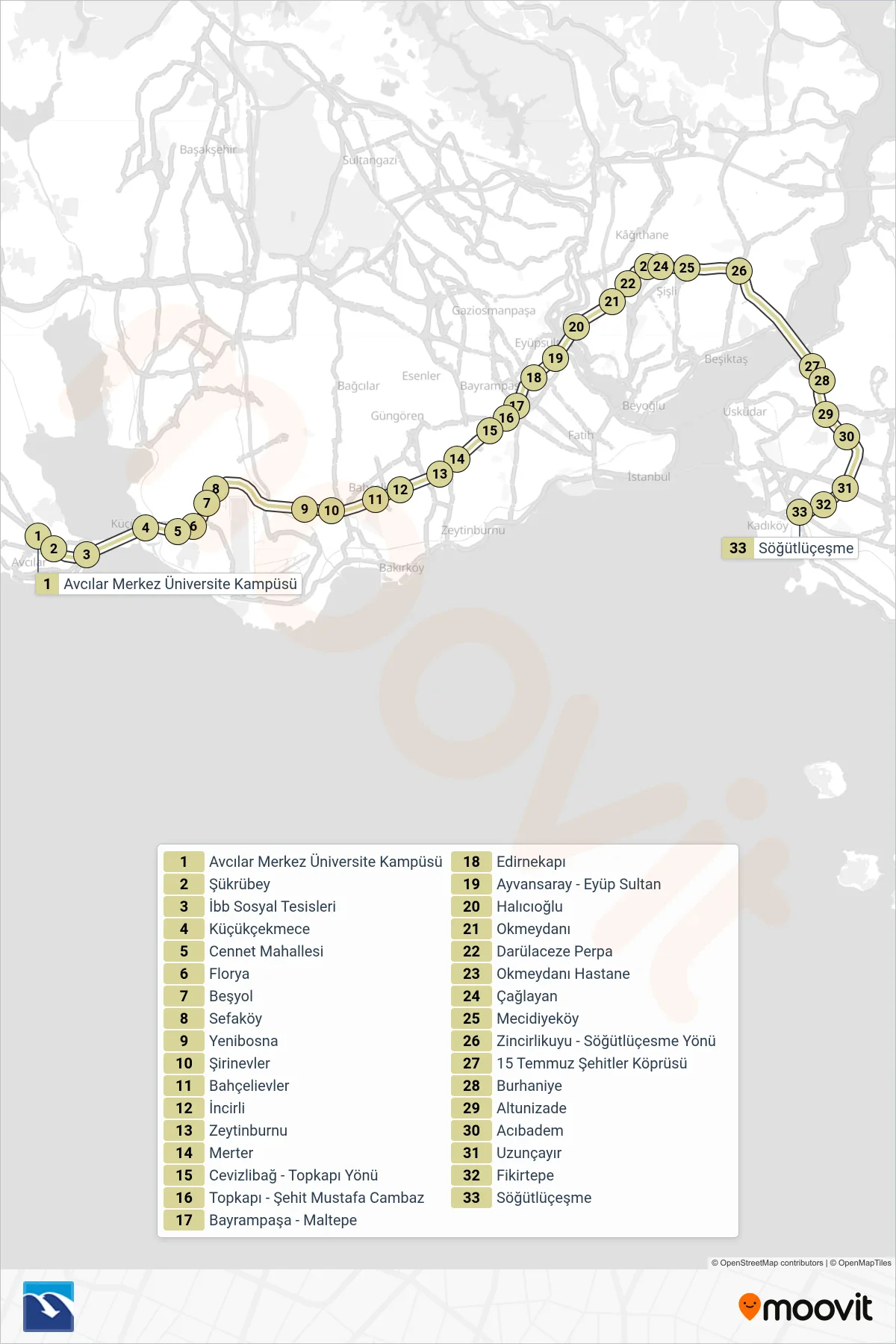 34AS Metrobus Line (Söğütlüçeşme) route and stops on a map