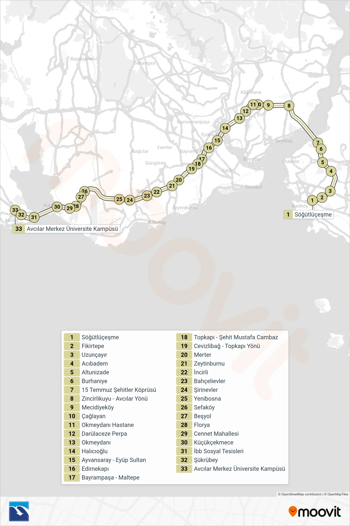 34AS funicular Line (Avcılar) route and stops on a map