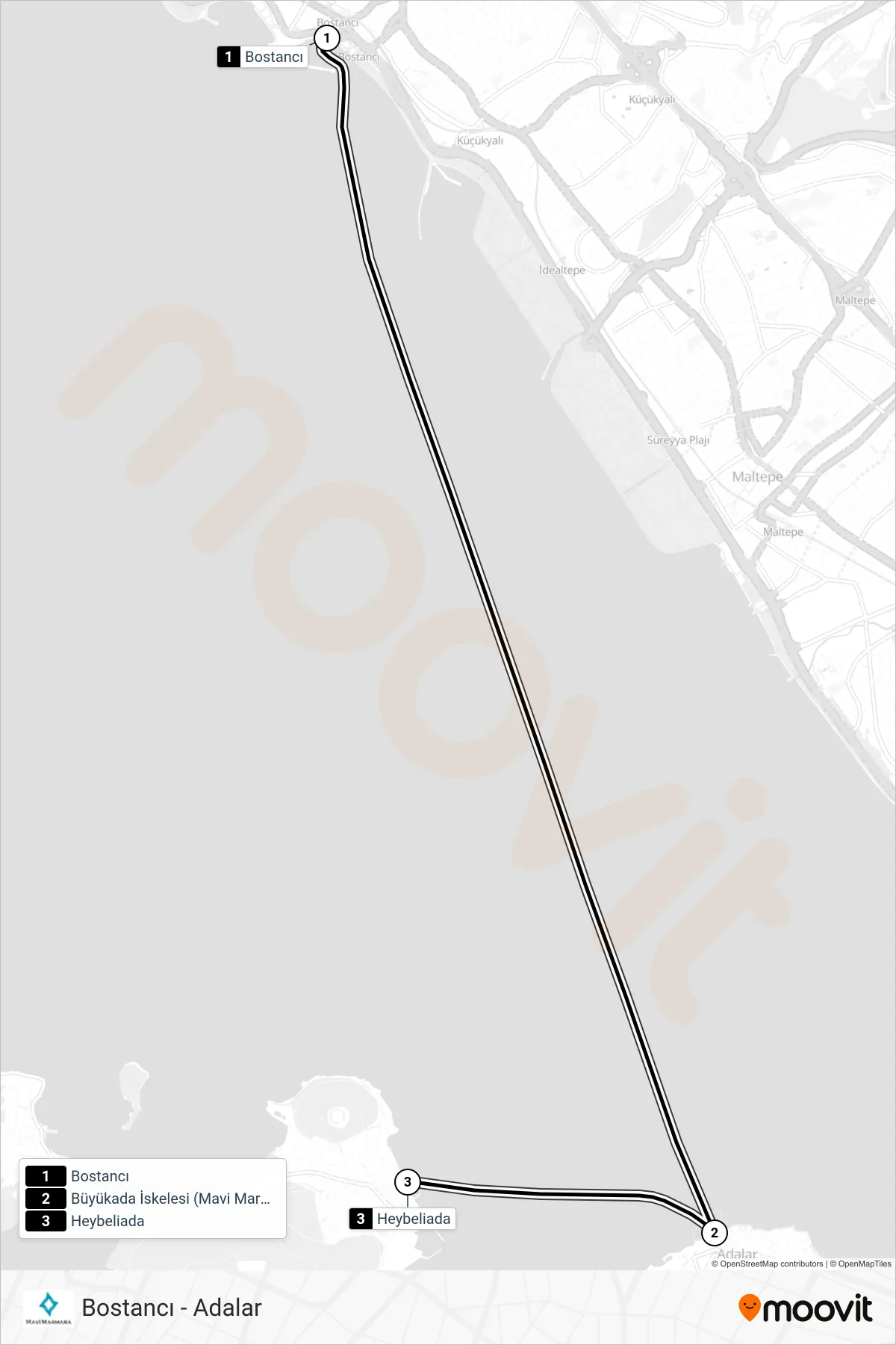 BOSTANCI - ADALAR  Line (Bostancı‎→Heybeliada) route and stops on a map