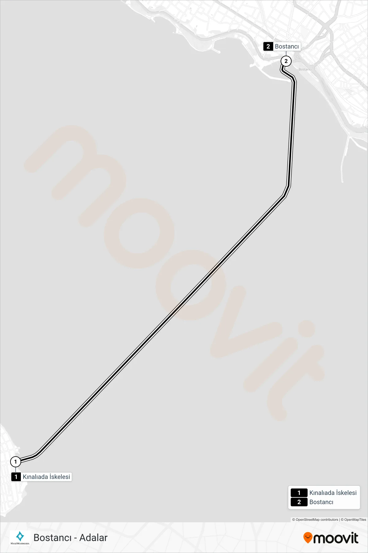 BOSTANCI - ADALAR ferry Line (Kınalıada‎→Bostancı) route and stops on a map