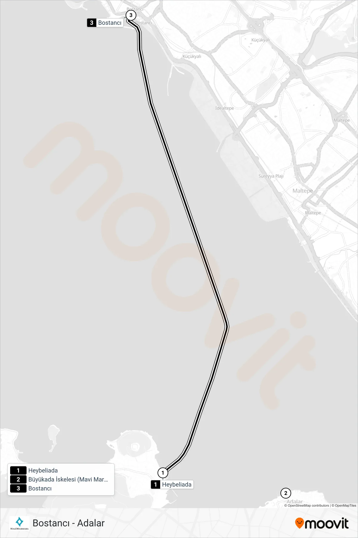 BOSTANCI - ADALAR  Line (Heybeliada‎→Bostancı) route and stops on a map
