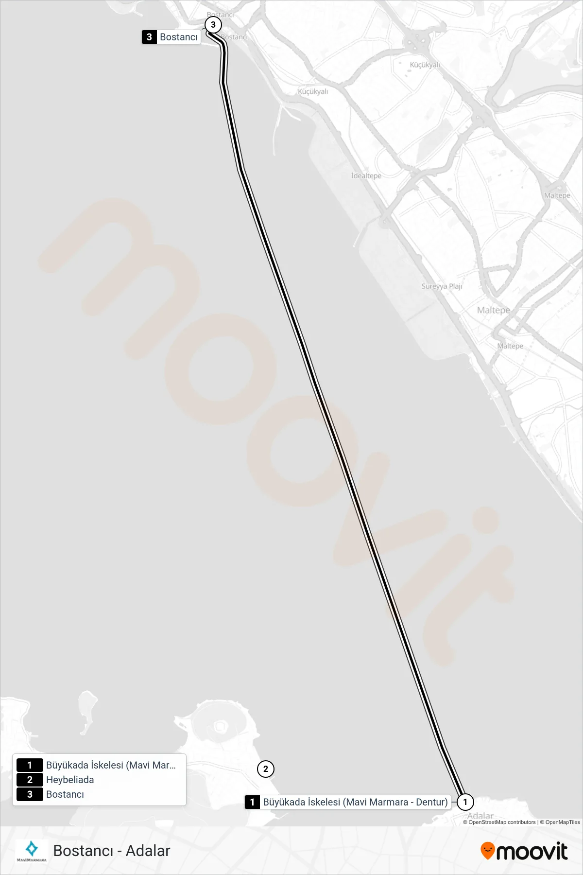 BOSTANCI - ADALAR ferry Line (Büyükada‎→Bostancı) route and stops on a map