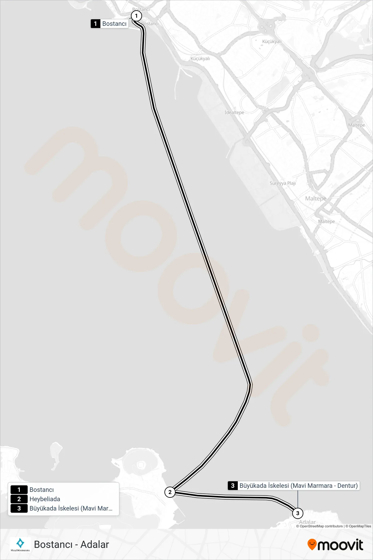 BOSTANCI - ADALAR Line (Bostancı→Büyükada) route and stops on a map