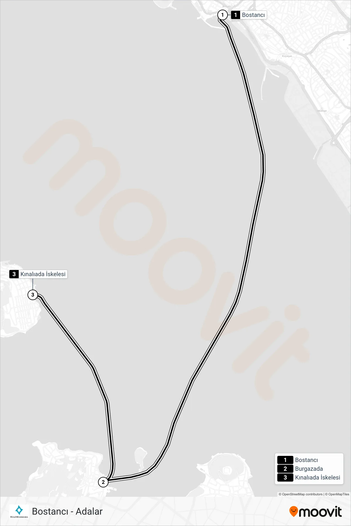 BOSTANCI - ADALAR ferry Line (Bostancı‎→Kınalıada) route and stops on a map