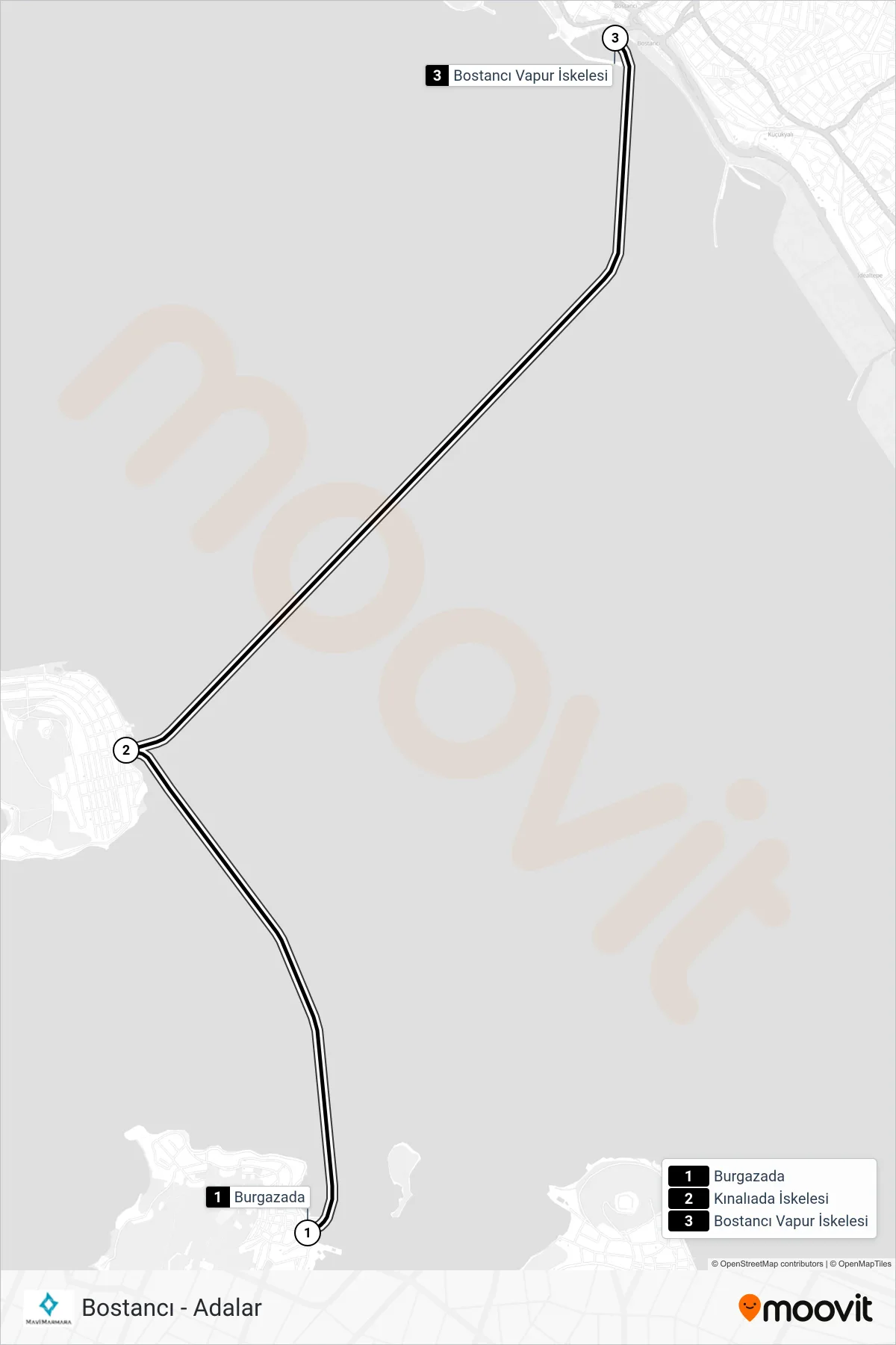 BOSTANCI - ADALAR ferry Line (Burgazada‎→Bostancı) route and stops on a map