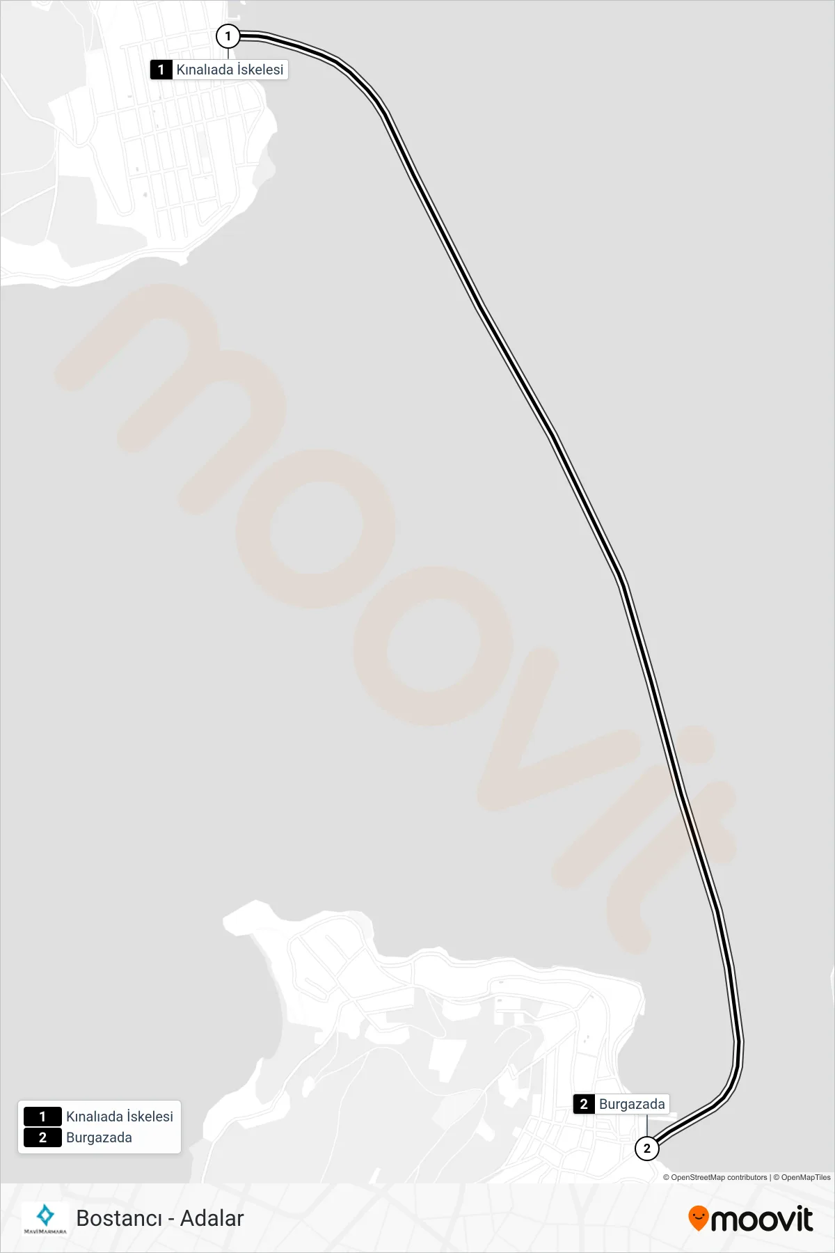 BOSTANCI - ADALAR ferry Line (Kınalıada‎→Burgazada) route and stops on a map