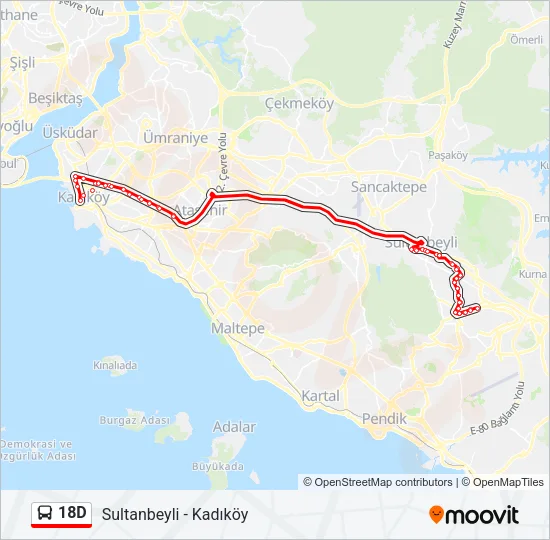 18D otobüs Hattı Haritası