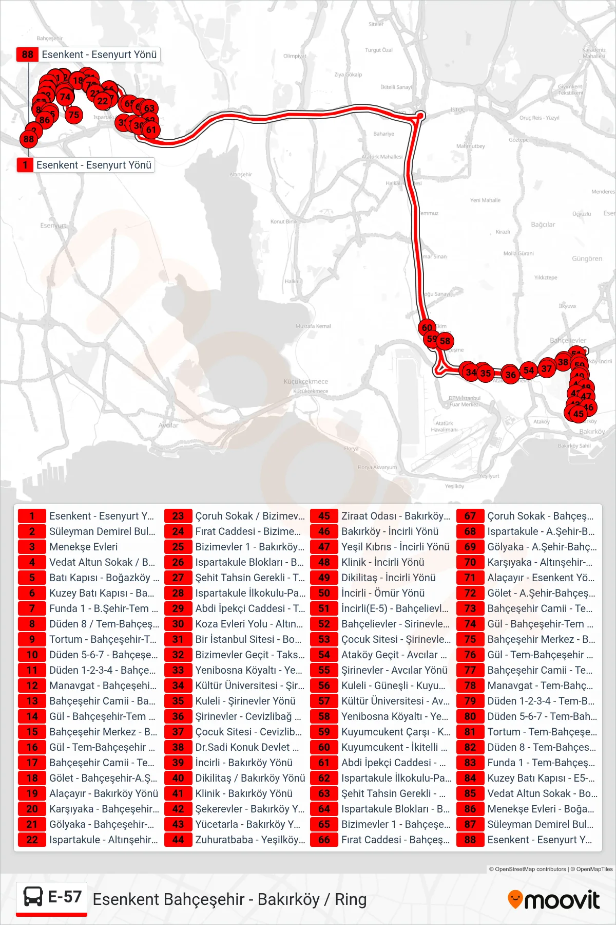 E-57 bus Line (Esenkent Bahçeşehir - Bakırköy / Ring) route and stops on a map