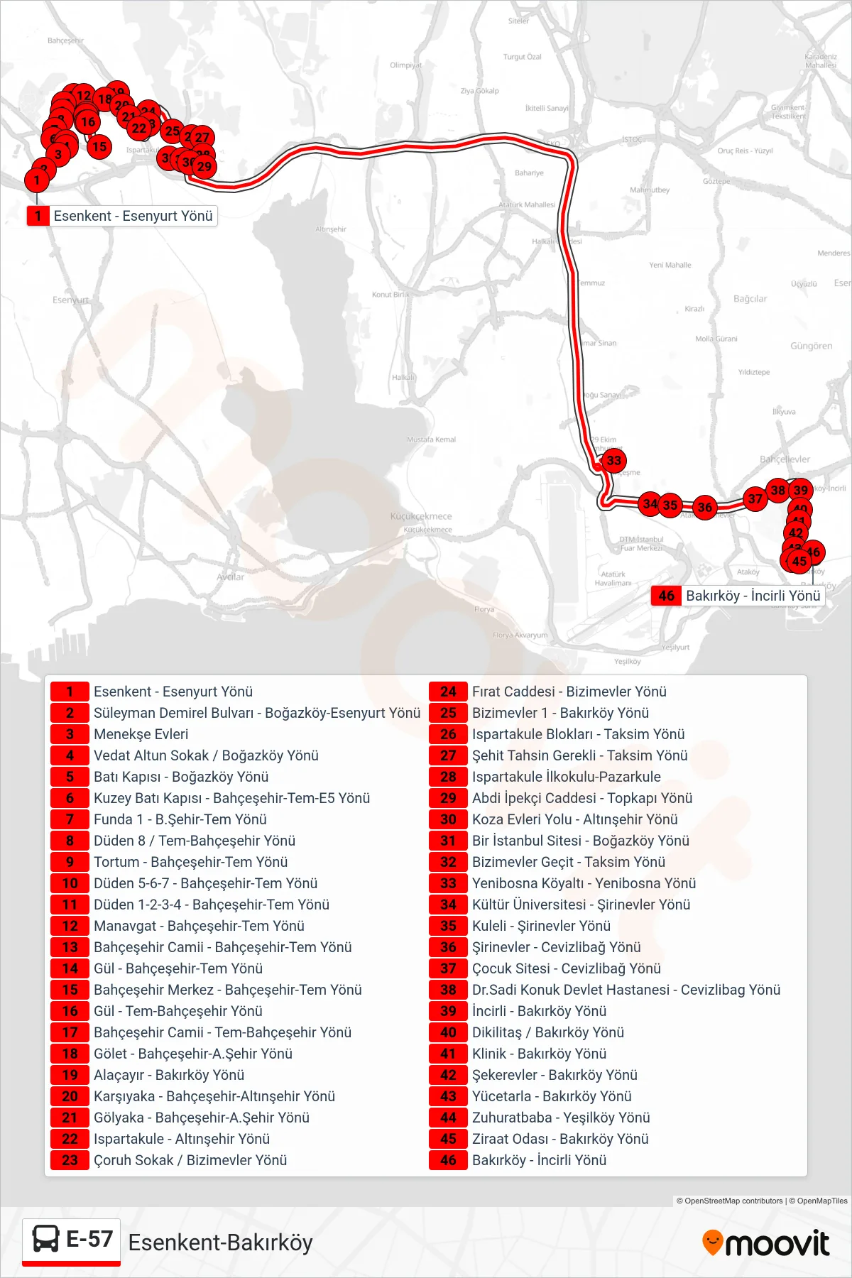 E-57 bus Line (Esenkent-Bakırköy) route and stops on a map