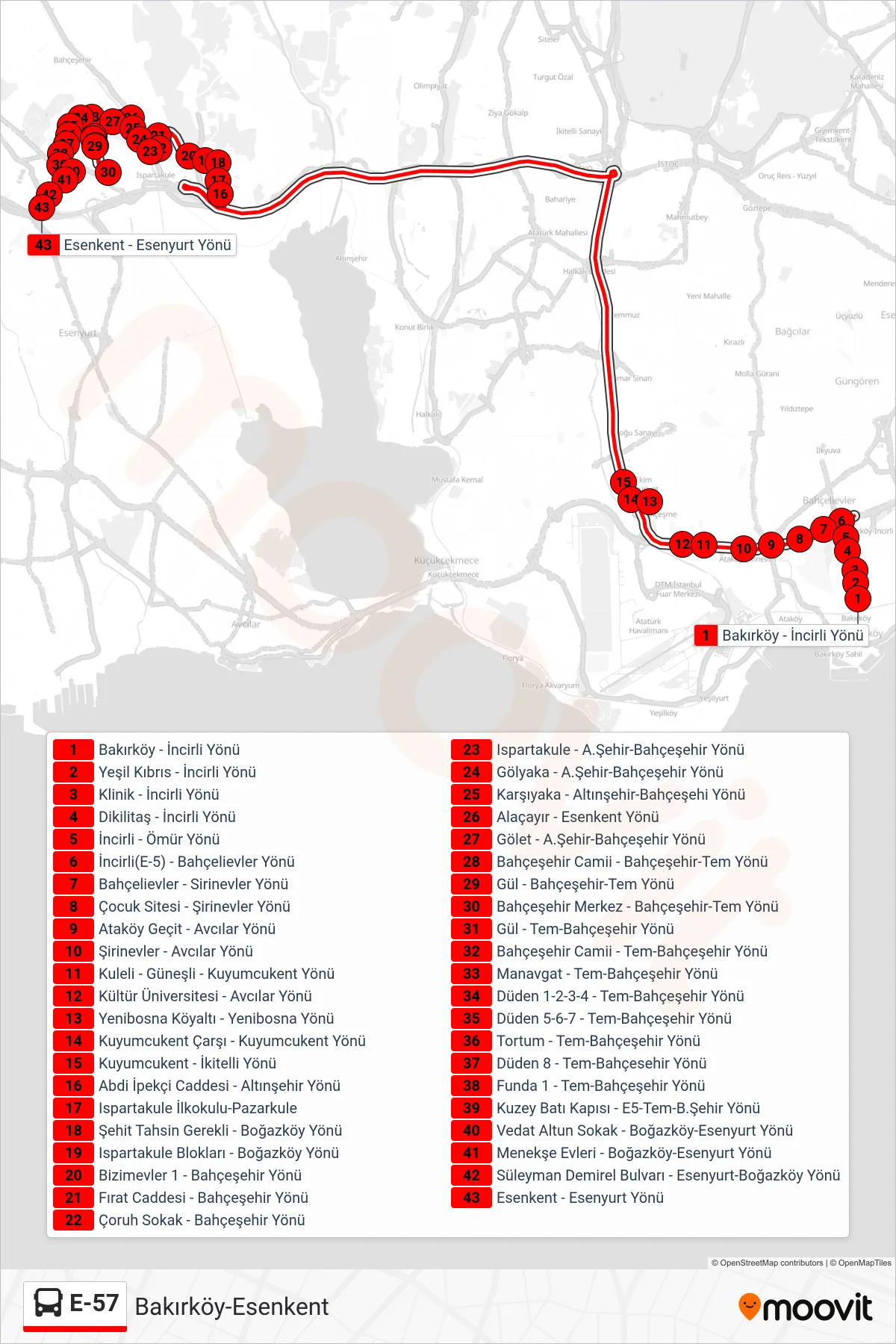 E-57 bus Line (Bakırköy-Esenkent) route and stops on a map