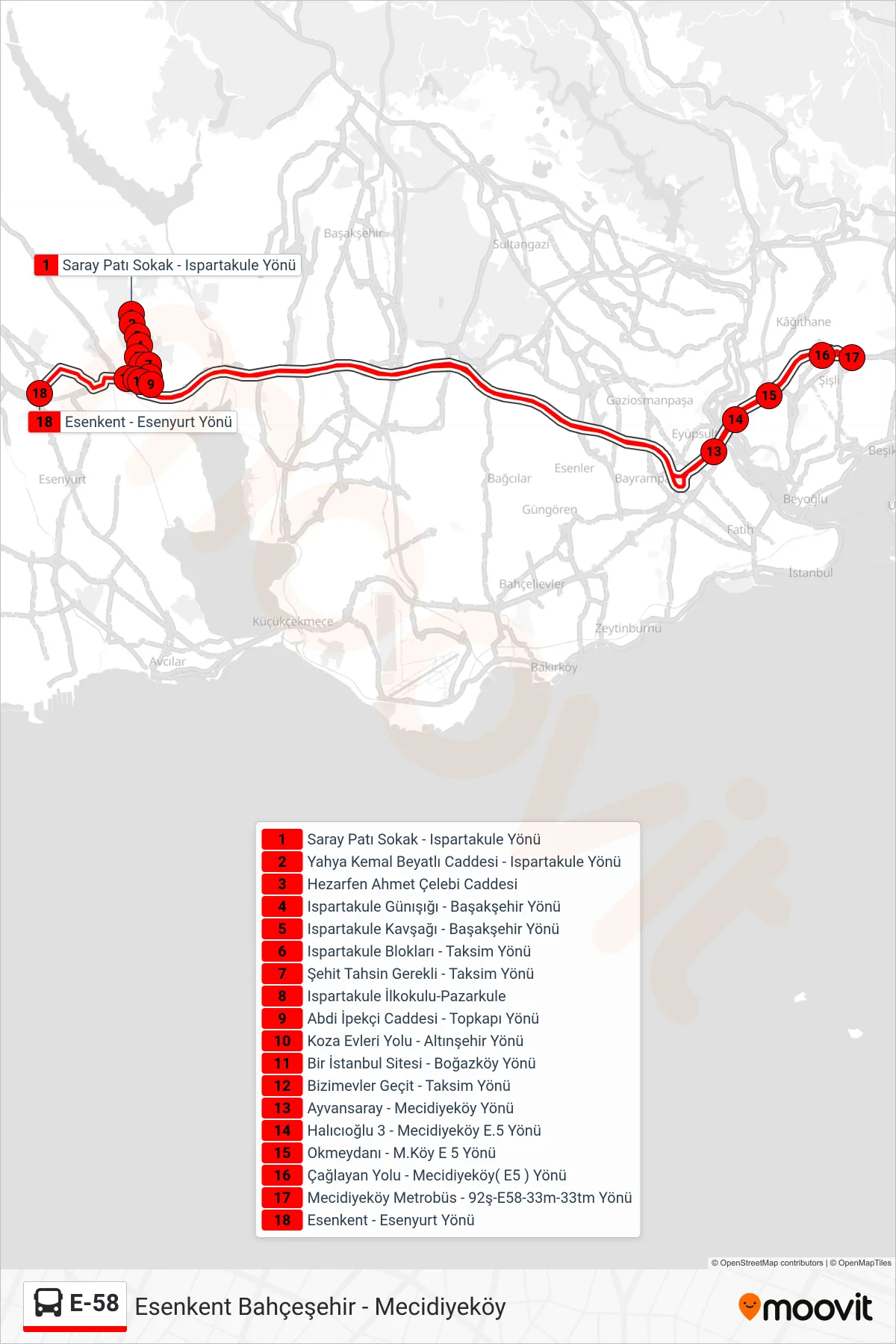 E-58 bus Line (Saray Patı Sokak-Esenkent) route and stops on a map
