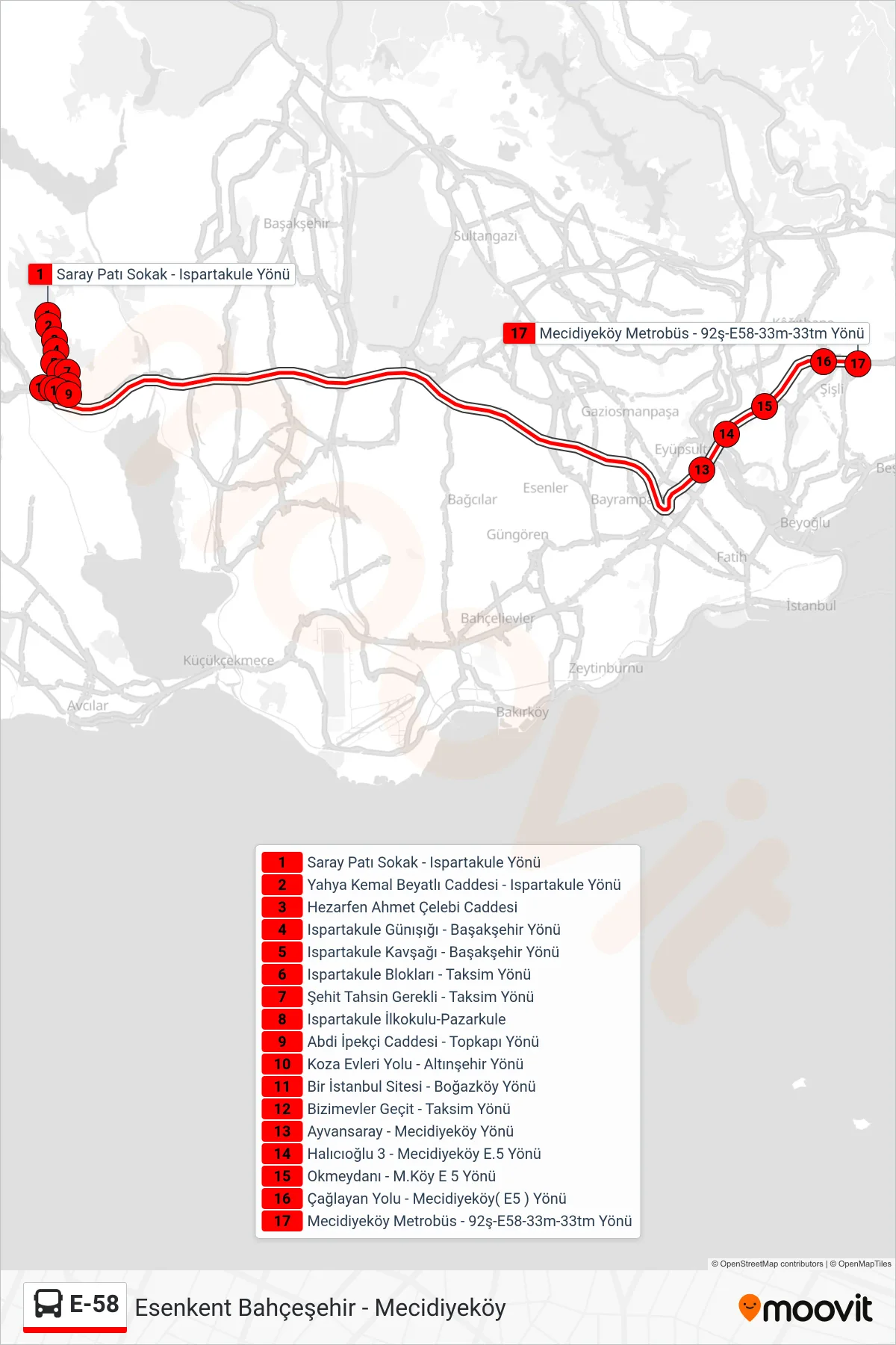 E-58 bus Line (Saray Patı Sokak-Mecidiyeköy Metrobüs) route and stops on a map