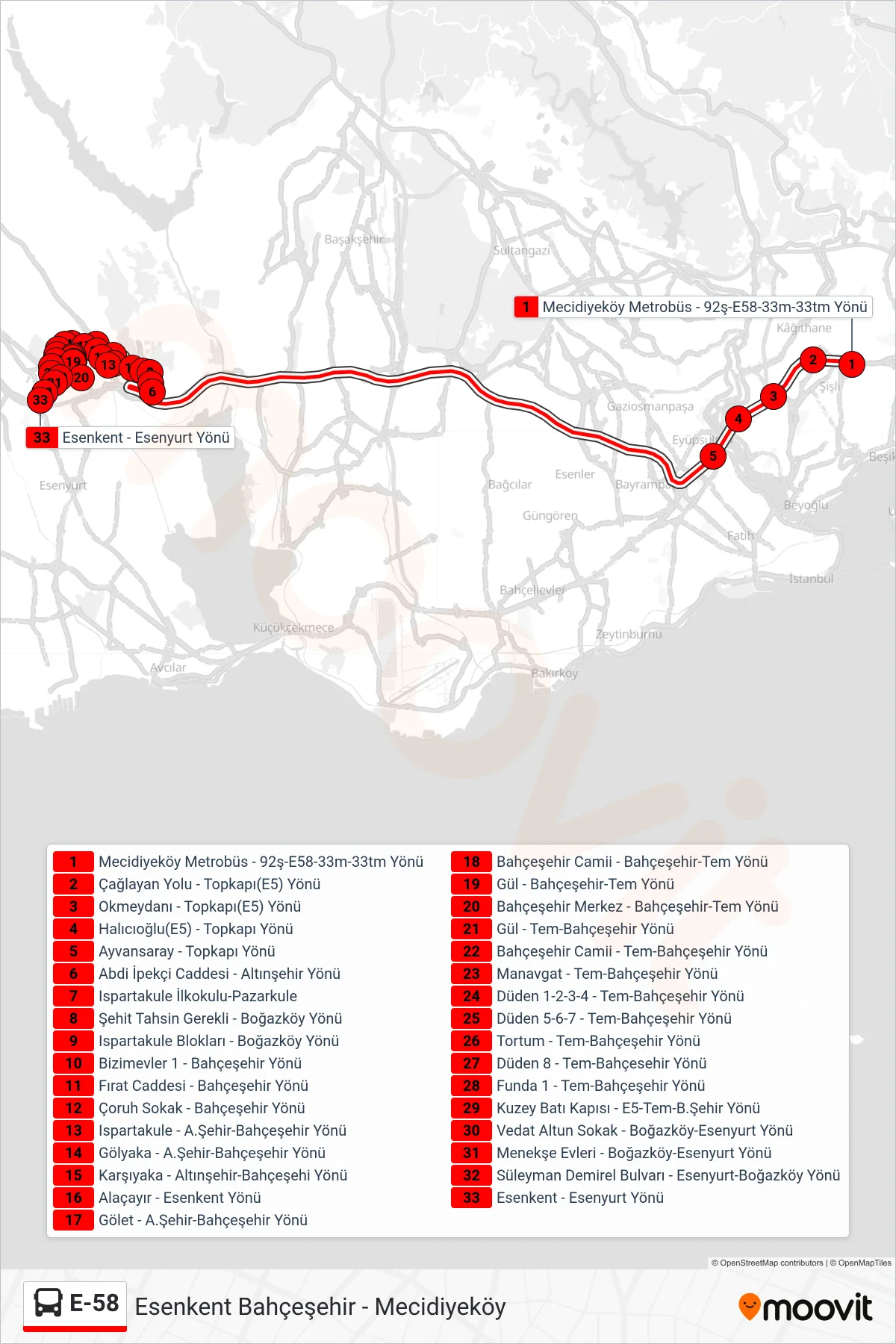 E-58  Line (Mecidiyeköy Metrobüs-Esenkent) route and stops on a map