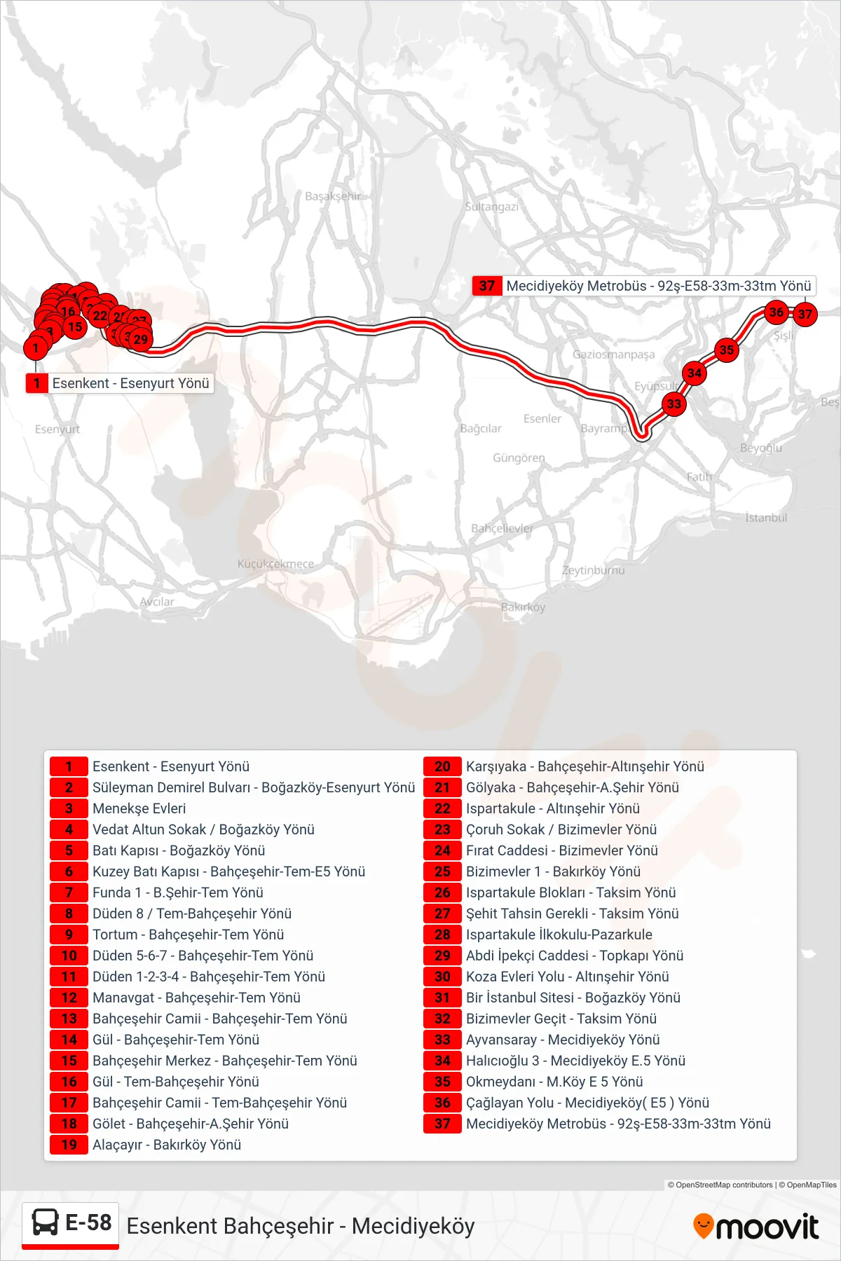 E-58 bus Line (Esenkent-Mecidiyeköy Metrobüs) route and stops on a map