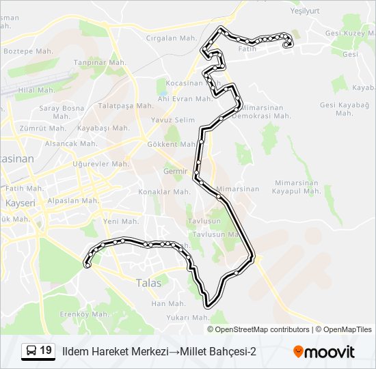 19 otobüs Hattı Haritası