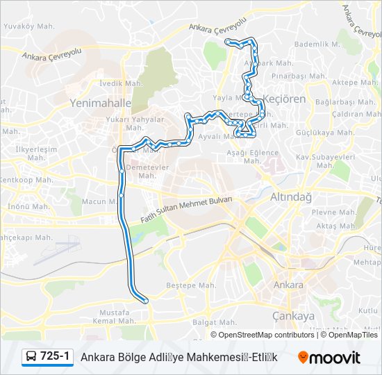 725-1 otobüs Hattı Haritası