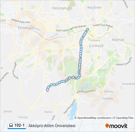 102-1 otobüs Hattı Haritası