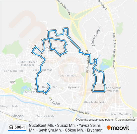 580-1 otobüs Hattı Haritası