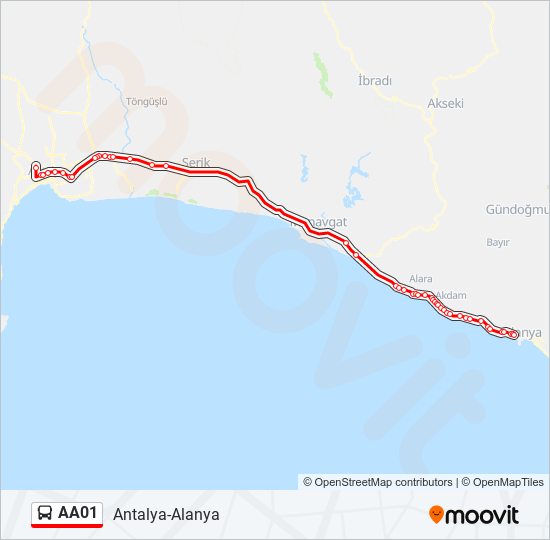 aa01 Güzergahı: Saatleri & Durakları ve Haritası - Antalya-Alanya ...