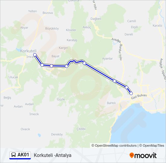 AK01 otobüs Hattı Haritası