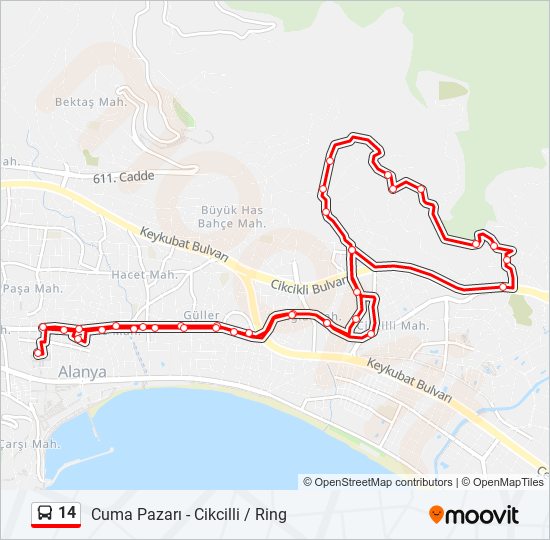 14 otobüs Hattı Haritası