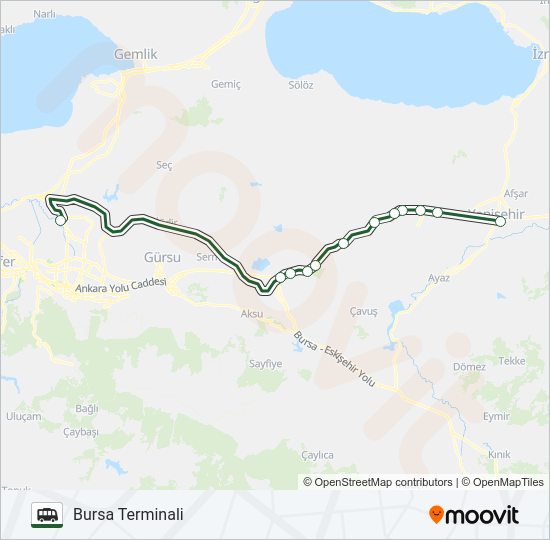 BURSA TERMINALI - YENIŞEHIR TERMINALI minibüs / dolmuş Hattı Haritası