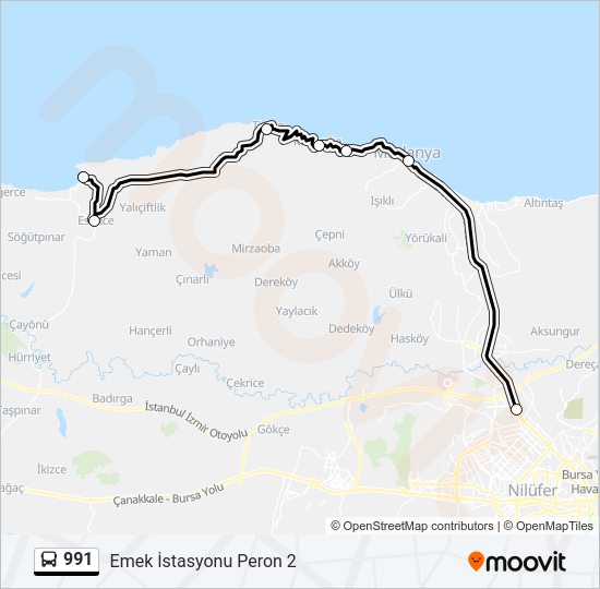 991 otobüs Hattı Haritası