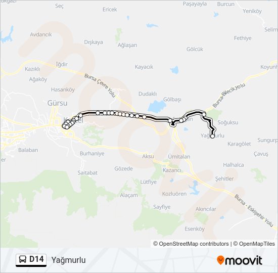 D14 otobüs Hattı Haritası