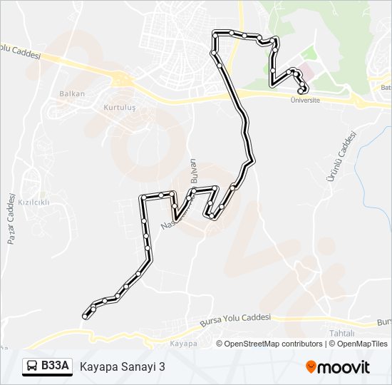 B33A otobüs Hattı Haritası