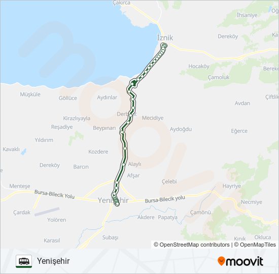 İznik - Yenişehir minibüs / dolmuş Hattı Haritası