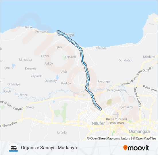 Organize Sanayi - Mudanya minibüs / dolmuş Hattı Haritası