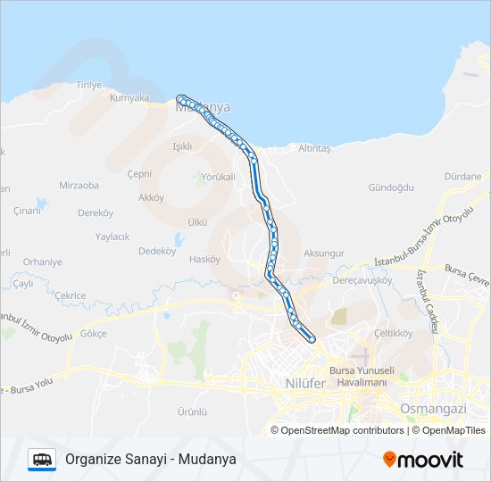 ORGANIZE SANAYI - MUDANYA minibüs / dolmuş Hattı Haritası