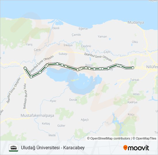 ULUDAĞ ÜNIVERSITESI - KARACABEY minibüs / dolmuş Hattı Haritası