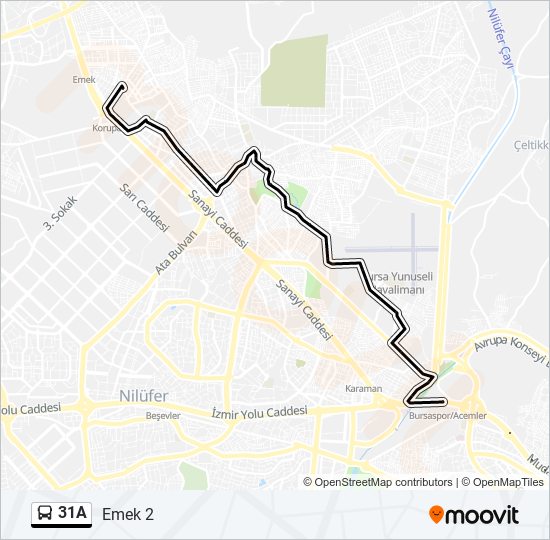 31A otobüs Hattı Haritası