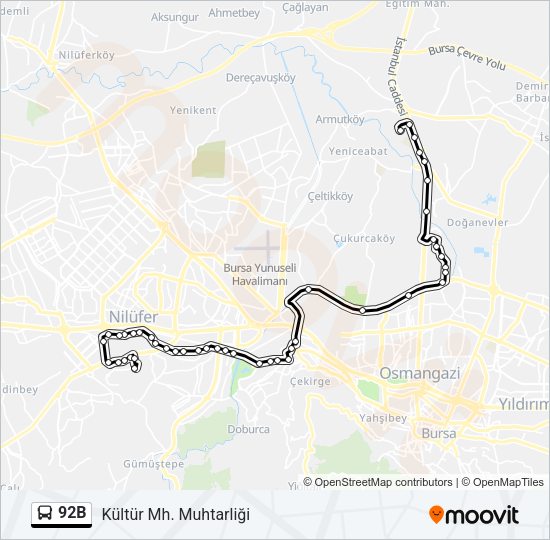 92B otobüs Hattı Haritası