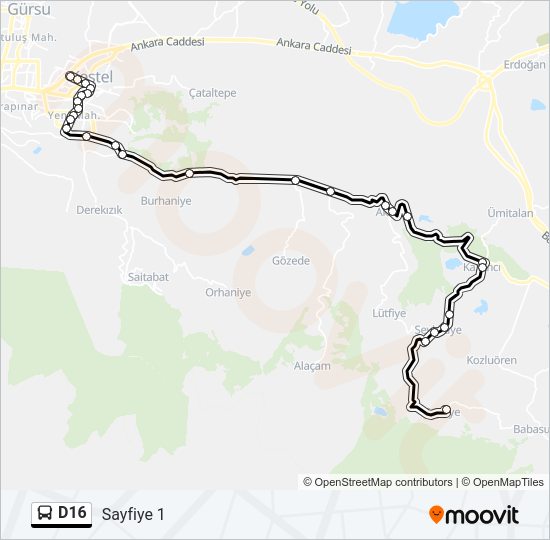 D16 otobüs Hattı Haritası