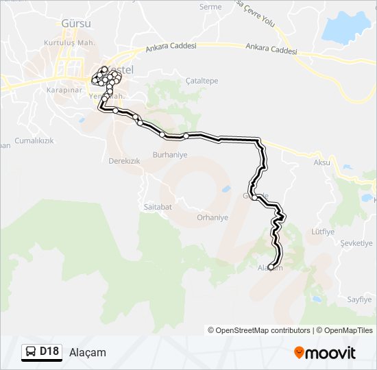 D18 otobüs Hattı Haritası