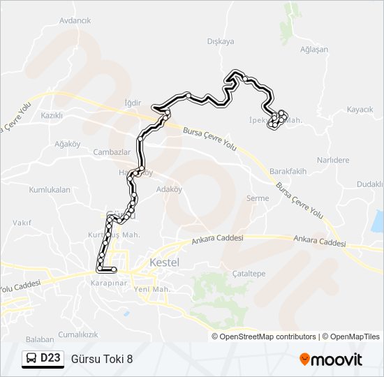 D23 otobüs Hattı Haritası