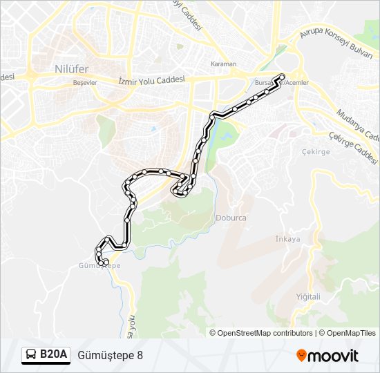 B20A otobüs Hattı Haritası