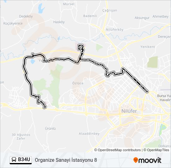 B34U otobüs Hattı Haritası