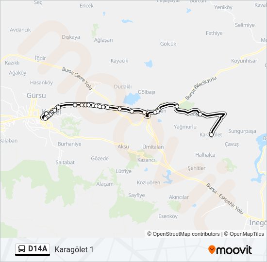 D14A otobüs Hattı Haritası