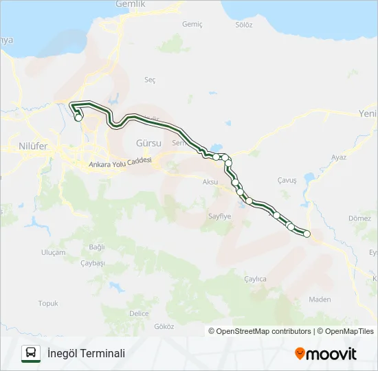 BURSA TERMINALI - İNEGÖL TERMINALI Bus Line Map