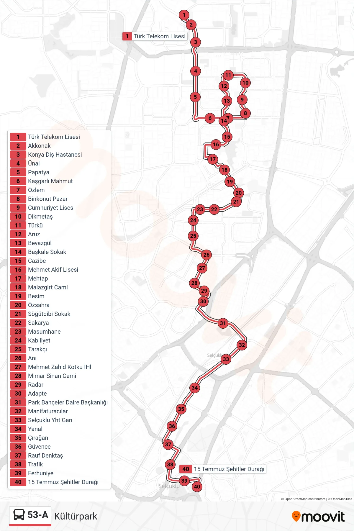 53-A otobüs Hattı (Kültürpark) - Harita üzerindeki güzergâh ve duraklar